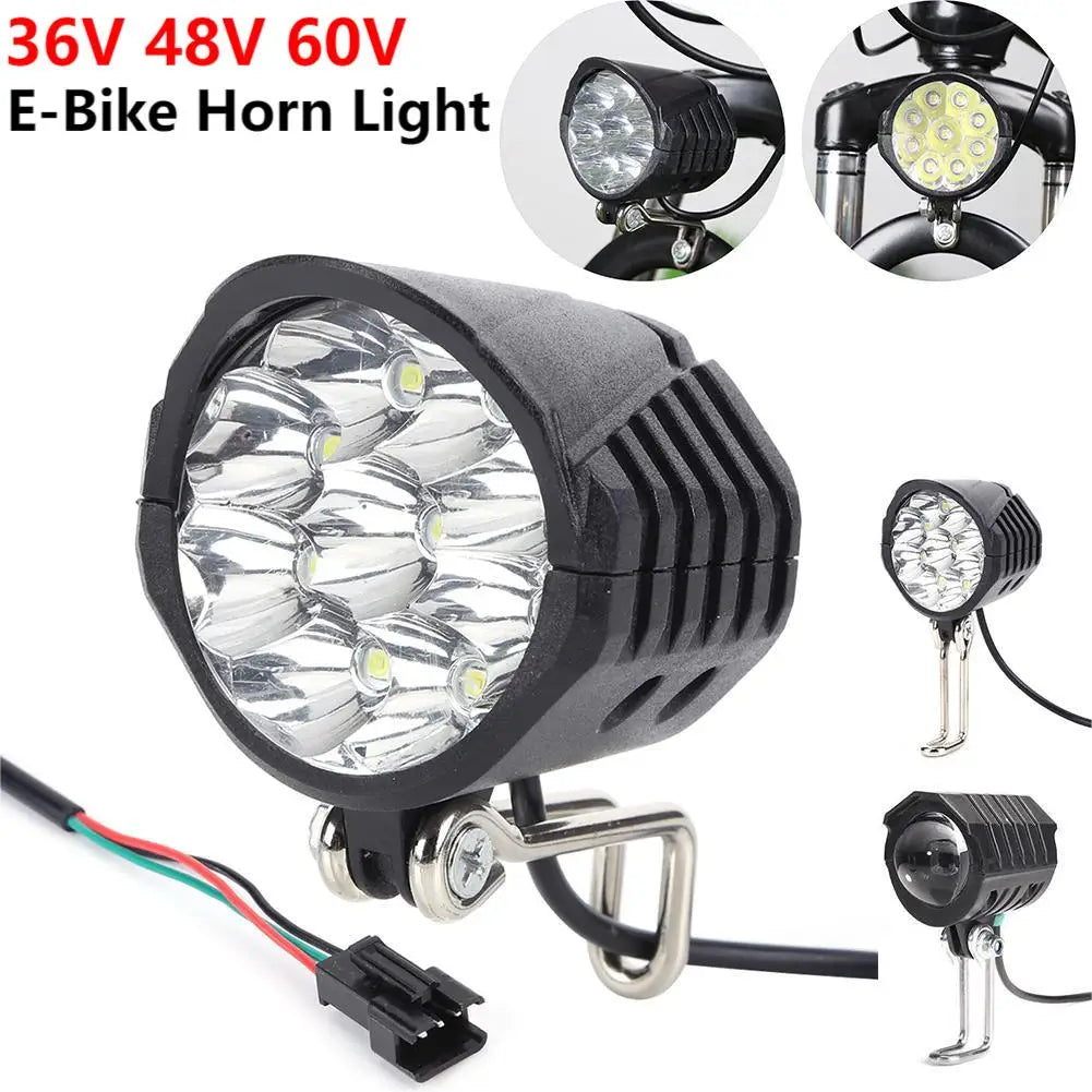 E-Bike Horn Light 36V 48V 60V Electric 9LED Bicycle Headlight 18W 2in1 Horn and Light Switch Scooter Safety Bike Flashlight Zpaxo