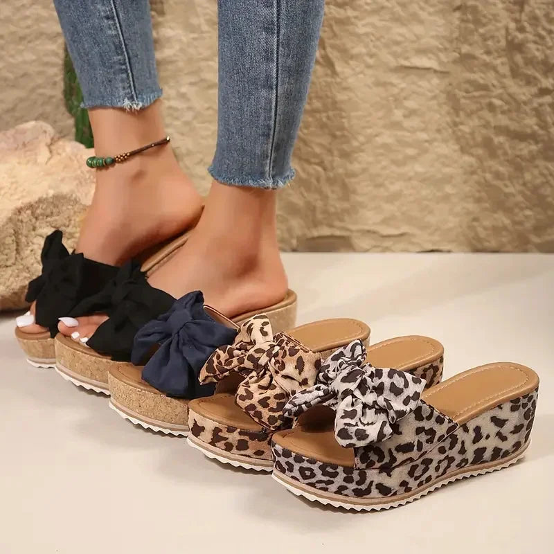 Women Wedge Slippers Leopard Print Bow Tie Platform Outdoor Sandals Zpaxo