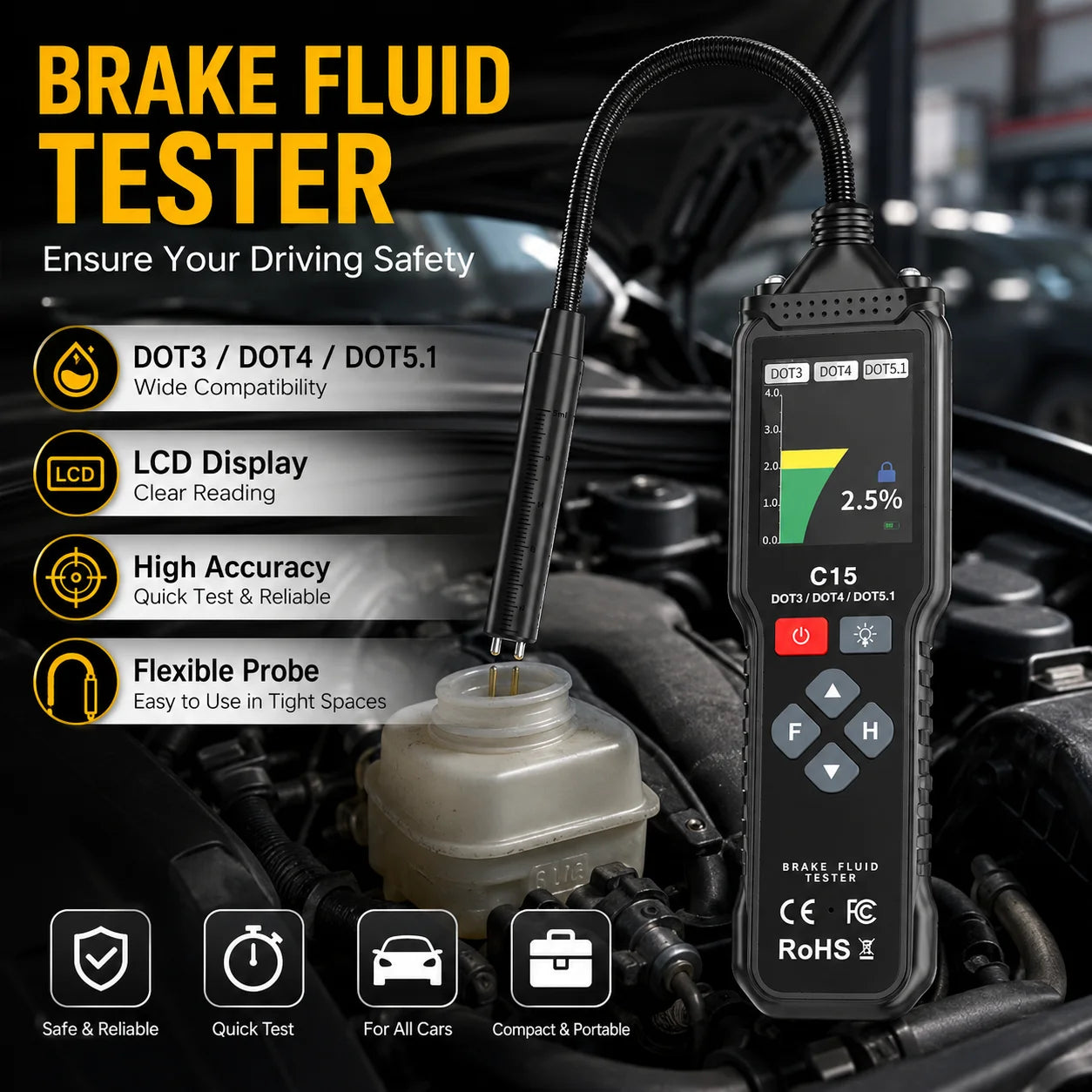 Automotive Brake Fluid Tester Test Oil Liquid Quality Water Content DOT3 DOT4 DOT5.1 Digital LCD Analyzer Flexible Probe Tool Zpaxo