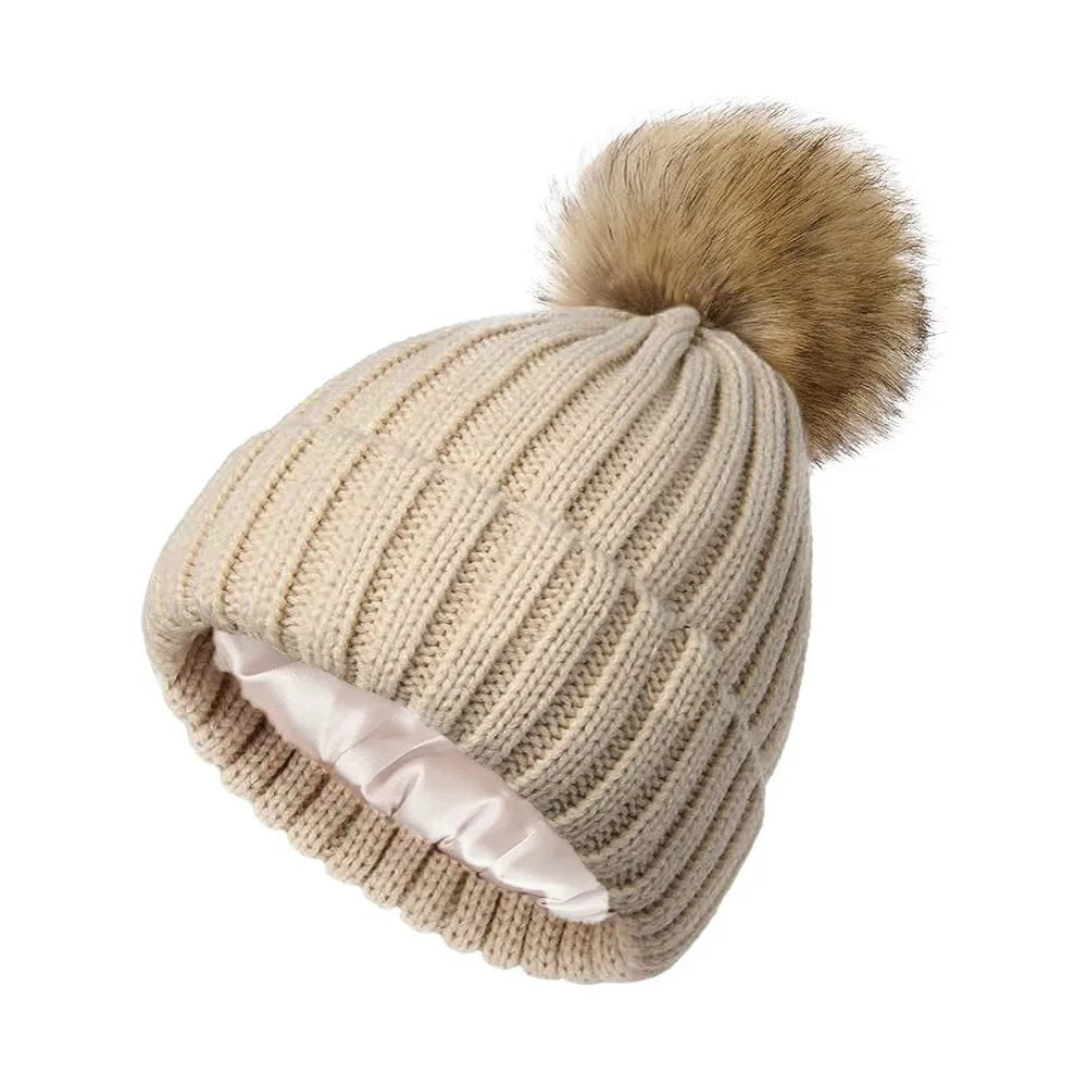 Satin-Lined Knit Beanie | Soft Pom-Pom Winter Hat Unisex