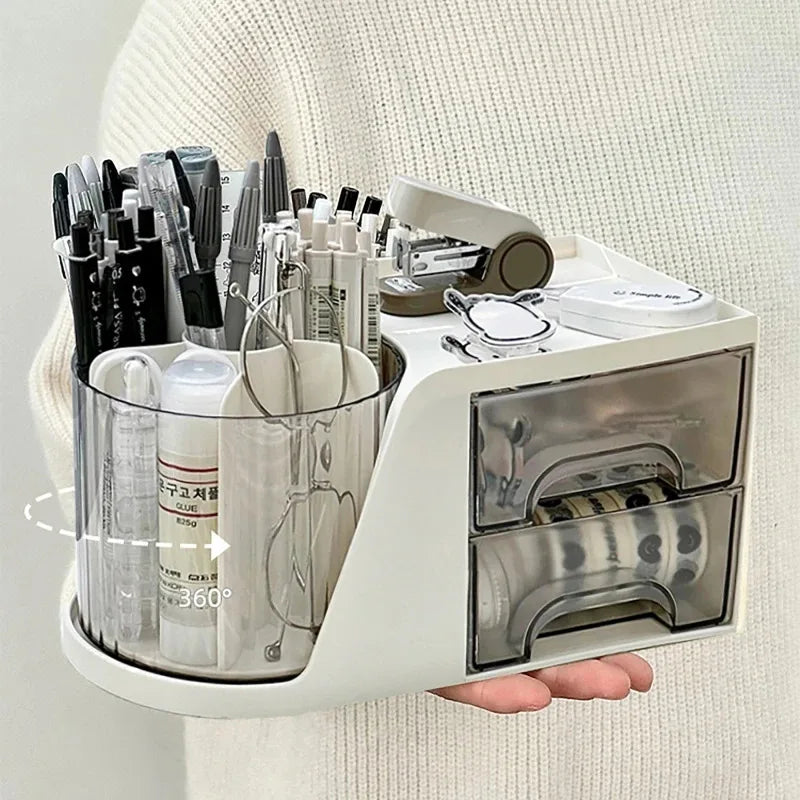 Rotating Pen Holder Cotton Swab Container Desk Organizer Office