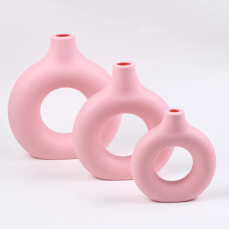 Donut Plastic Vase White Black Pink Cute Round Vase Flowerpot Ornaments for Living Room Dining Table Office Home Decor Zpaxo