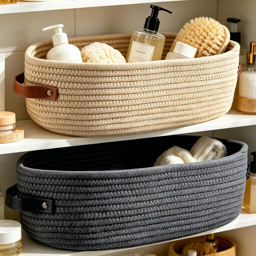 Woven Storage Baskets Leather Handles Decorative Cotton Rope