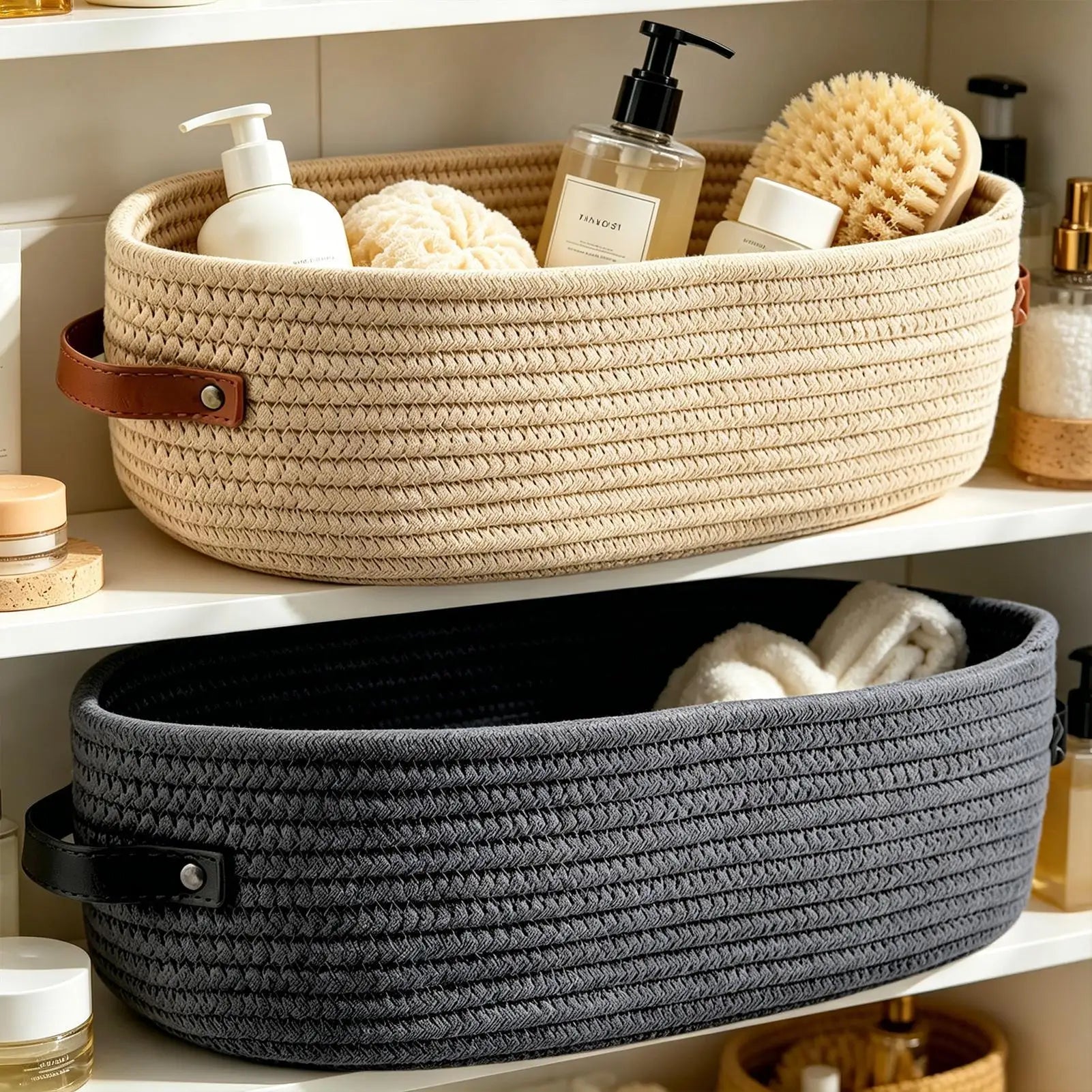 Woven Storage Baskets Leather Handles Decorative Cotton Rope
