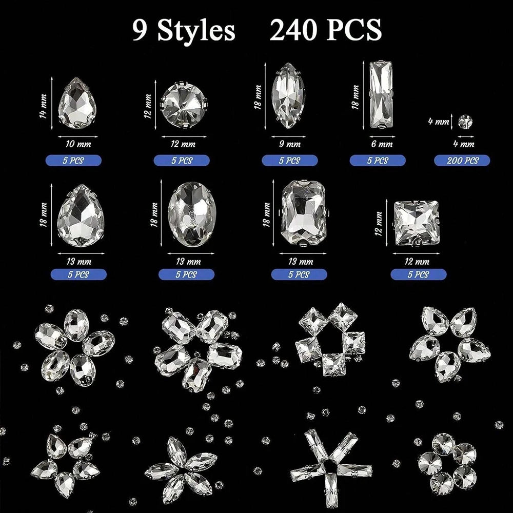 240Pcs Glass Rhinestones Mixed Shape Clear Crystal Gems Diamond Stone Flat Back Rhinestones for Clothes Shoes Jewelry Arts Craft Zpaxo 240Pcs Set