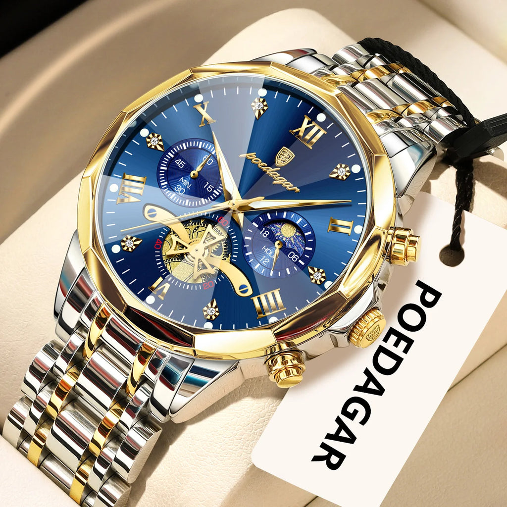 POEDAGAR Luxury Original Men Watch Waterproof Luminous Chronograph Man Wristwatch Stainless Steel Quartz Top Men's Watches Reloj Zpaxo 938 Gold Gold Blue