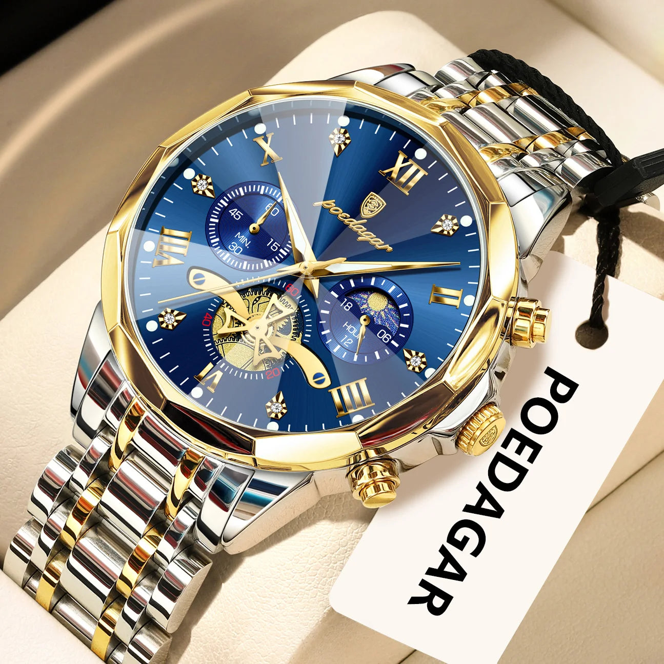 POEDAGAR Luxury Original Men Watch Waterproof Luminous Chronograph Man Wristwatch Stainless Steel Quartz Top Men's Watches Reloj Zpaxo 938 Gold Gold Blue