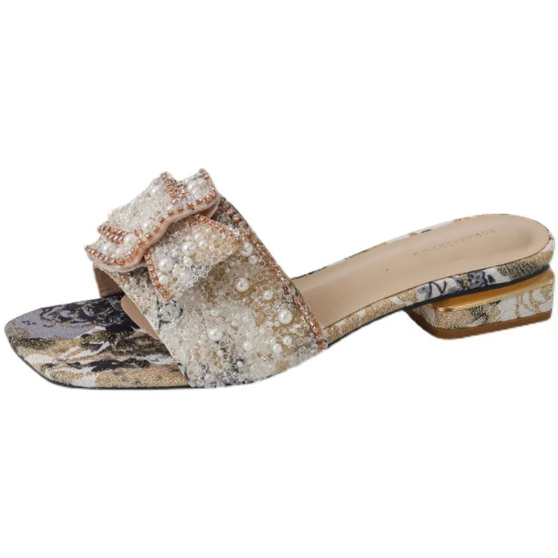 Slippers for Women 2025 New Summer Rhinestone Thick Heel Sandals for Women Fashion Flat Bottom for Women Outside Sandals Zpaxo