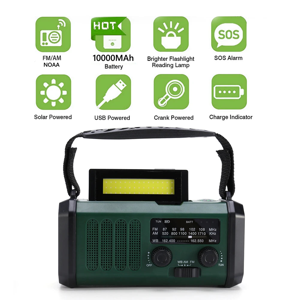 AM/FM/WB 10000mAh Weather Radio LED Emergency Power Bank Flashlight Portable Hand Crank Solar Radio SOS Alarm with Compass (US) Zpaxo