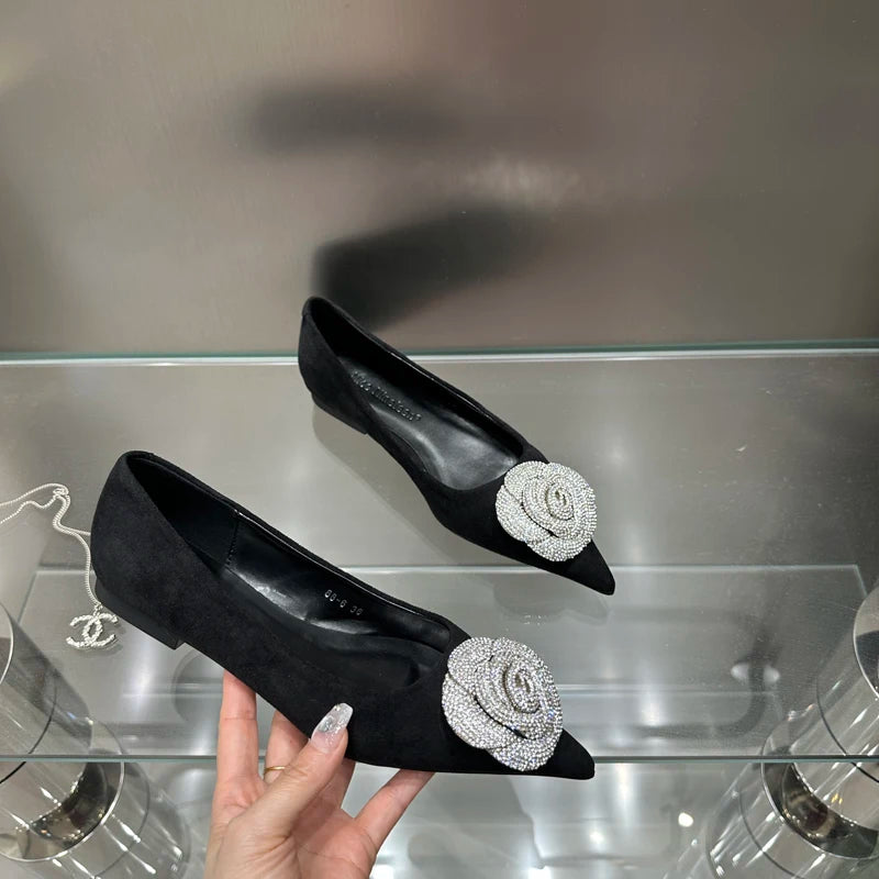 Flat Shoes for Women 2025 Spring Autumn Casual Diamond Rose Flower Shallow Mouth Black Low Heel Pointed Toe Ladies Shoes Zpaxo