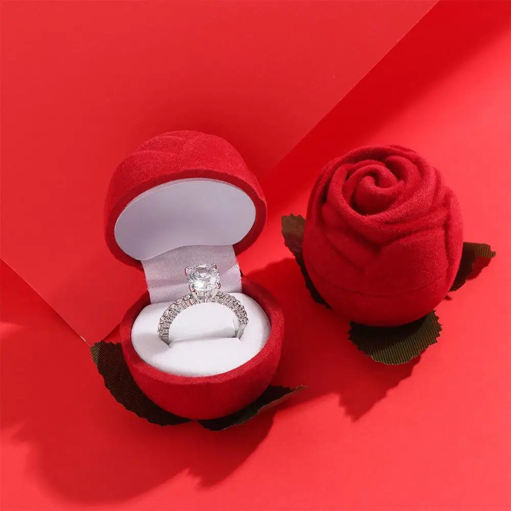 Red Flower Stem Ring Holder Velvet Jewelry Box Wedding Engagement