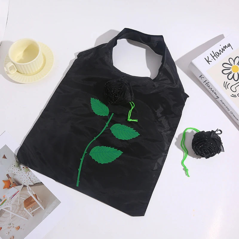 Rose Flower Foldable Shopping Bag Portable Large Capacity Folding Zpaxo Black