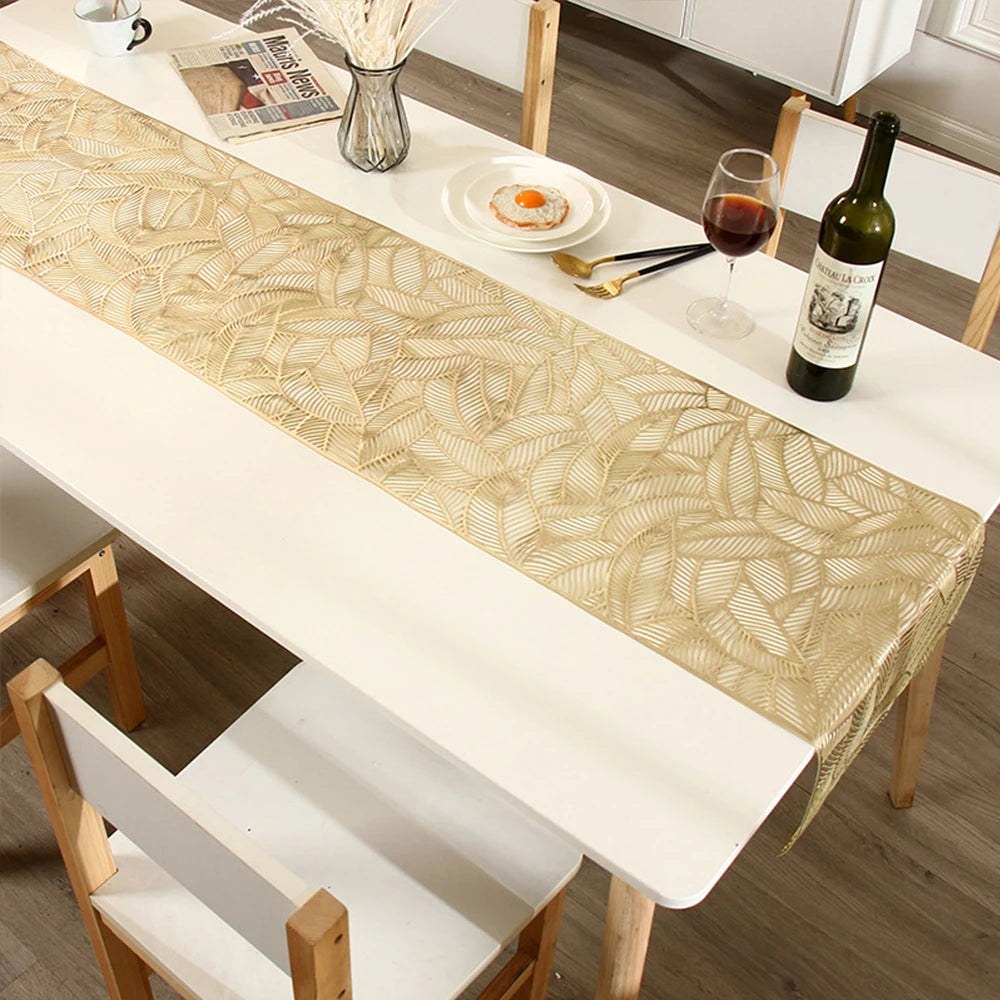 Hollow Leaves Table Runner 35x180 cm/ 14x73 Inch Waterproof Washable Gold Dining Table Runner for Wedding Banquet Party Decor Zpaxo