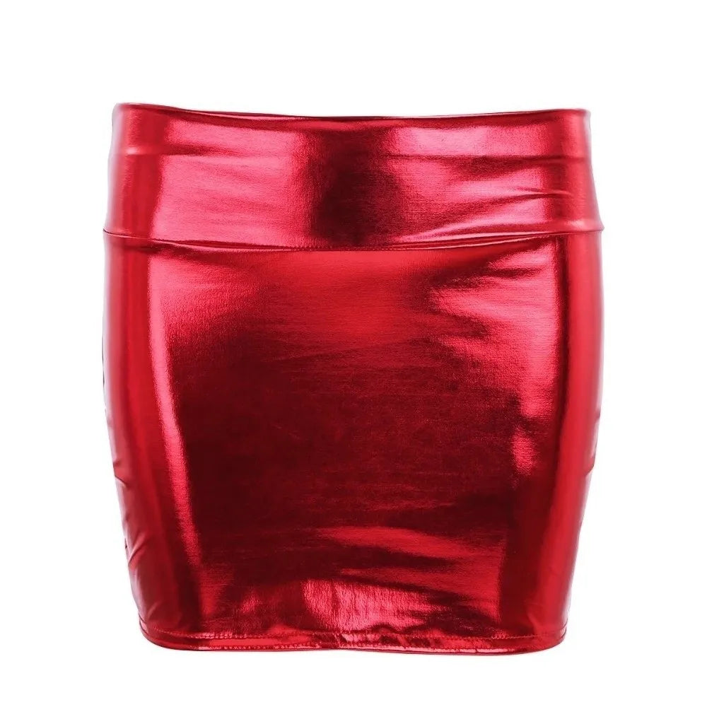 Fashion Metallic Bodycon Mini Skirt High Shine PU Leather Party Skirt Body Shaping Elastic Tight Pencil Skirt Party Wear Zpaxo Red One Size