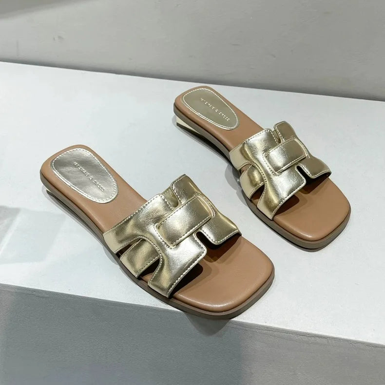 Brown Leather Ladies' Slippers with Exposed Heels Flat Casual Couple Beach Shoes Comfortable Sandals for Women Zpaxo 39 Gold
