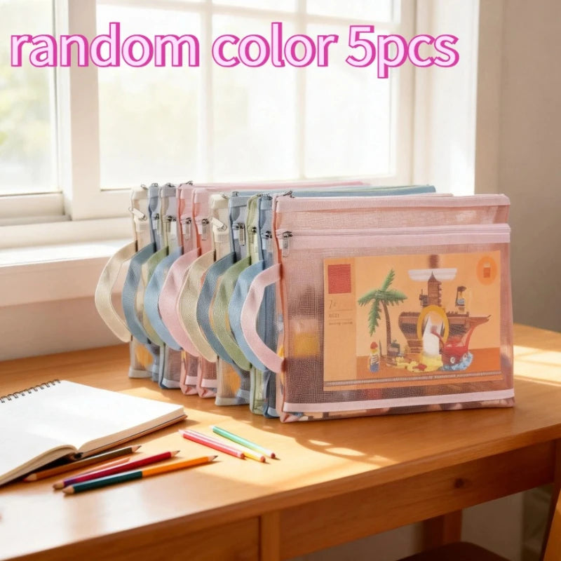 Mesh Nylon Zipper Storage Bags Colorful Double-layer Organizer Kids' Zpaxo random -color-5pcs