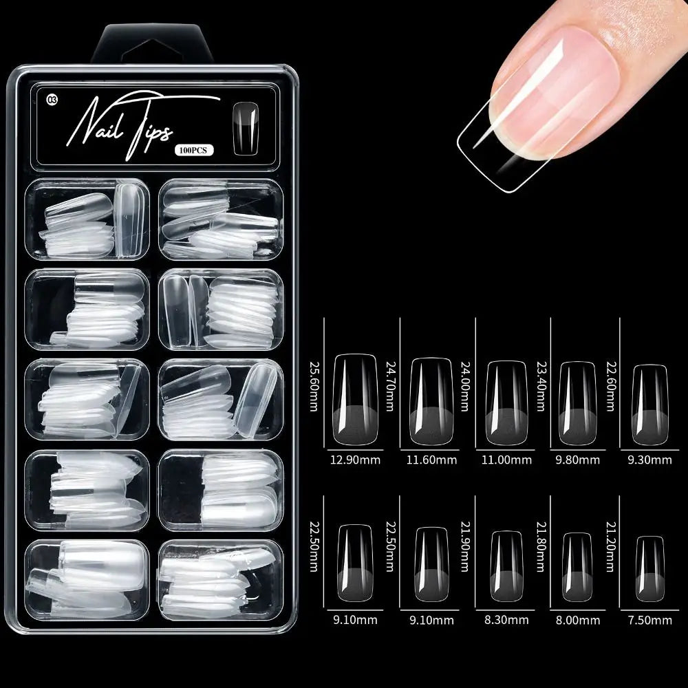 100Pcs Acrylic False Nail Transparent Traceless Artificial Nails Tips Almond Square Full Cover Pre-File Pressed Nails Zpaxo