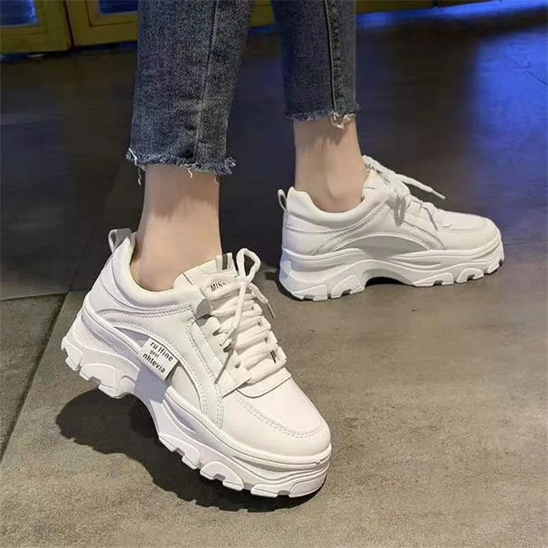 CINESSD Fashion White Women Chunky Sneakers Shoes Lace Up Platform Zpaxo