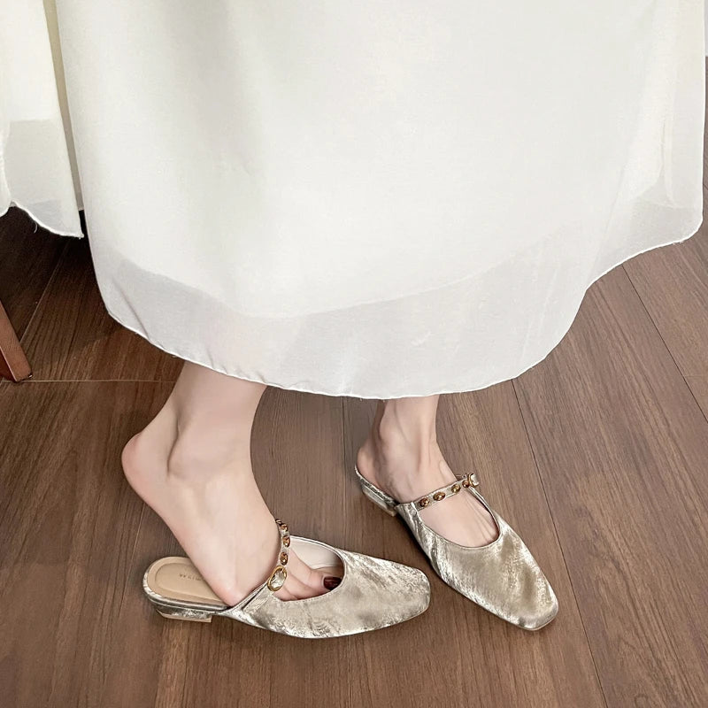 Women Square Toe Mule Shoes Summer Closed Slide Sandals Outdoor Zpaxo