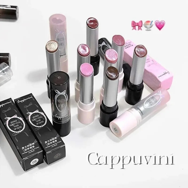 Pink Crystal Mirror Glass Solid Lip Gloss Round Tube Water Light