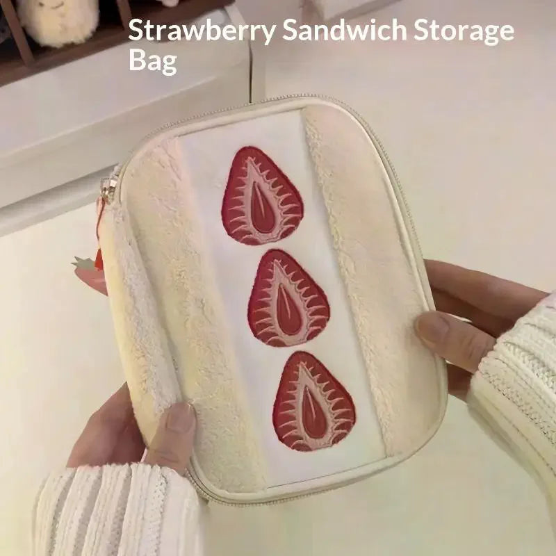 Cute Embroidered Strawberry Pencil Case Portable Stationery Pen Box Multi Functional Large Capacity Makeup Bag Storage Bag Zpaxo