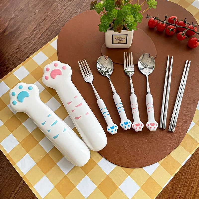Stainless Steel Cute Cat Paw Fork Spoon Cutlery Set With Storage Box Dinnerware Tableware Silverware Lunch Portable Tableware Zpaxo