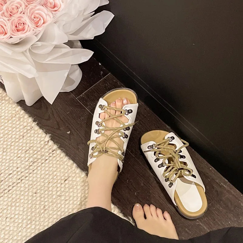 Lace-up Flat Slippers Women's Summer 2026 Open Toe Metal Buckle Zpaxo