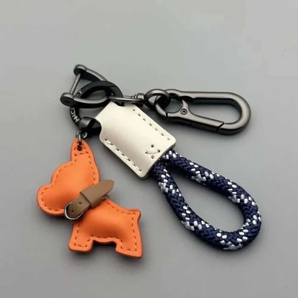 Multi-Use Bulldog Leather Keychain Braided Rope D Buckle Swivel Clasp Bag Charm Cartoon Puppy Thick Rope Key Pendant Holiday Zpaxo