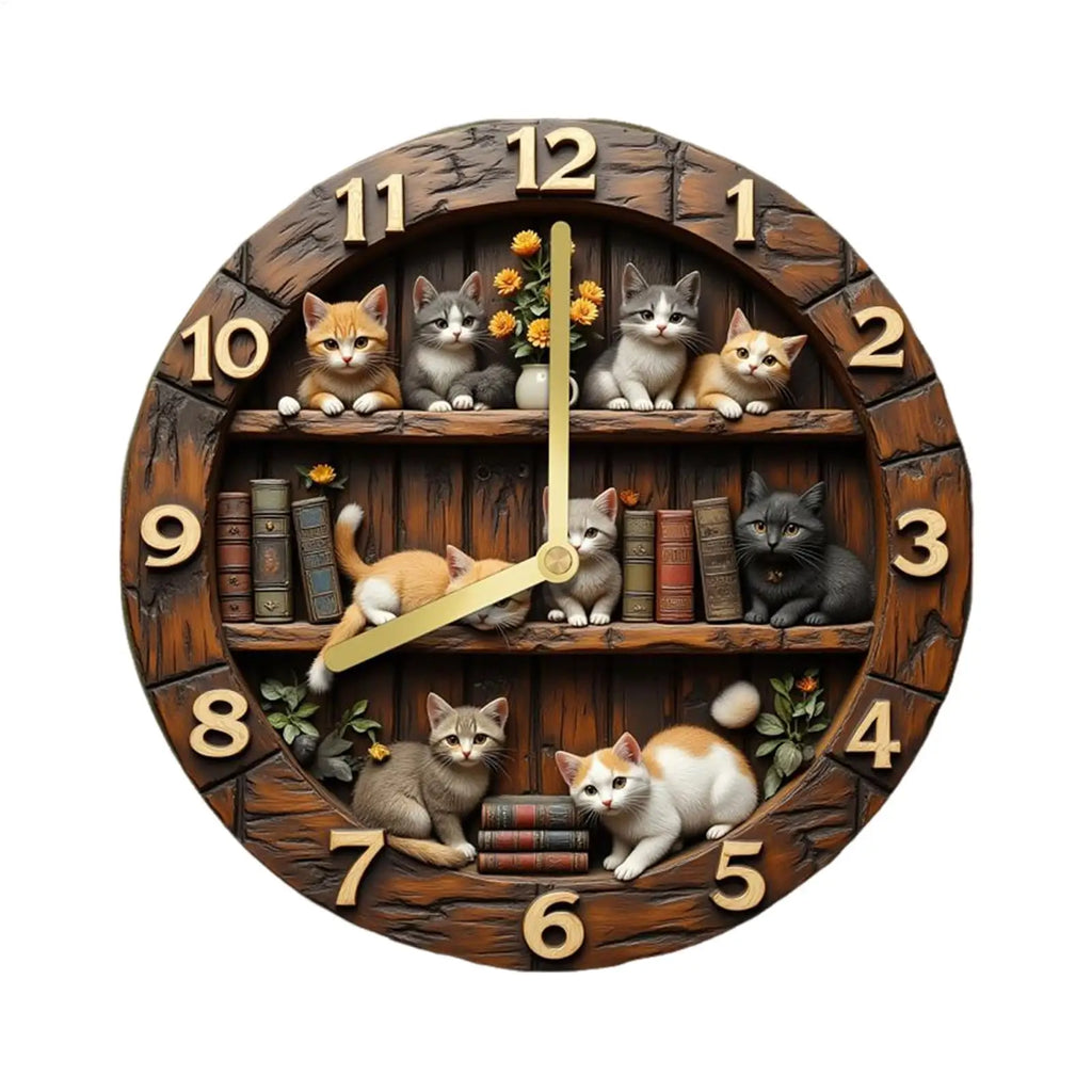 Wall Clock Cat Theme Wooden Cute Animal Decoration Living Room
