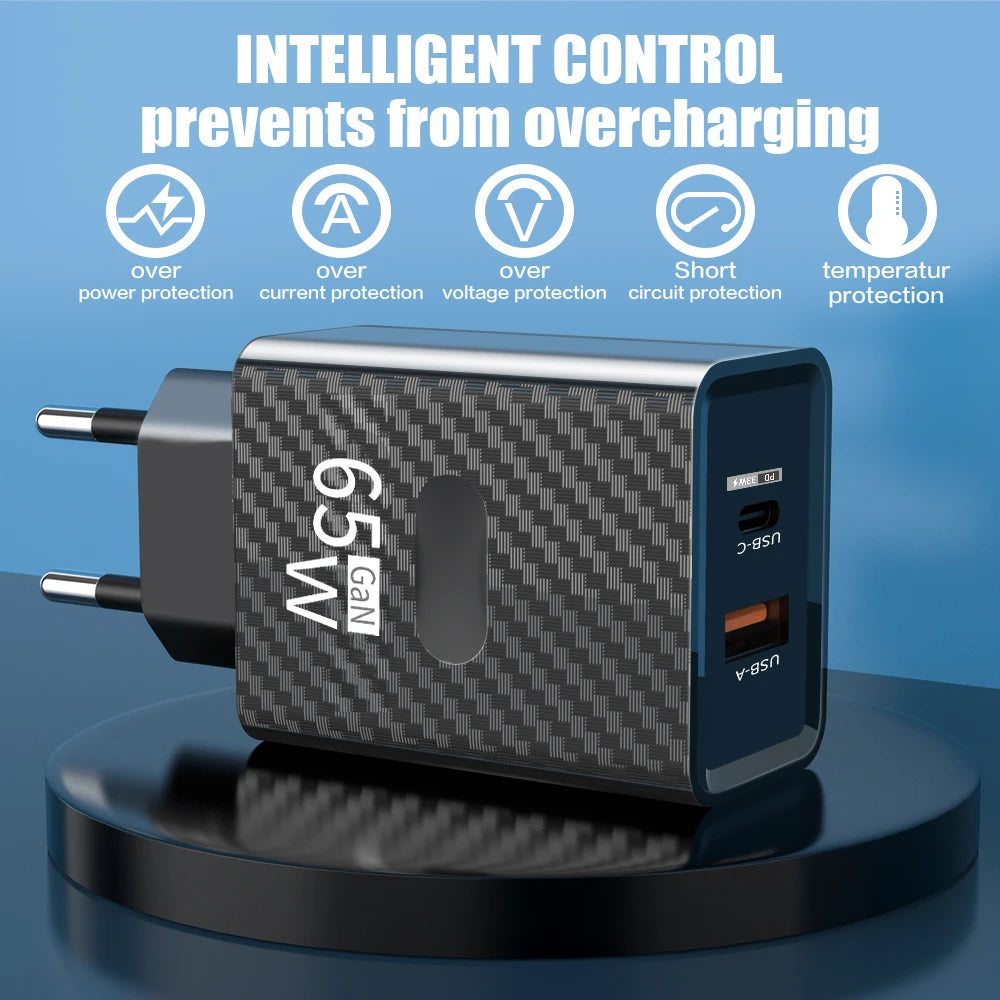 65W GaN USB-C Fast Charger QC3.0 PD Wall Adapter USB-C Wall Charger Zpaxo