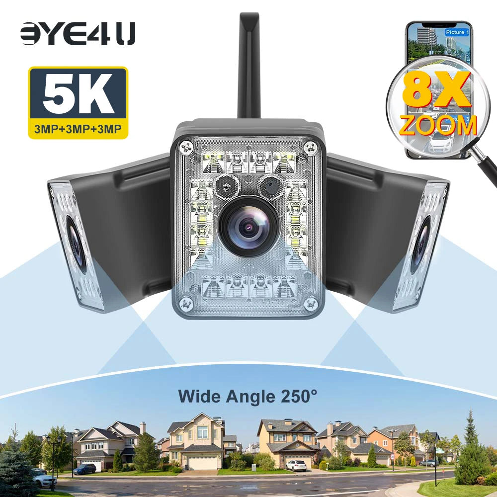 9MP WiFi Outdoor Camera Triple Lens Fixed 250° Wide Angle Panorama Cam Security Protection Motion Detection Video Surveillance Zpaxo 9MP Camera Add 128G EU Plug