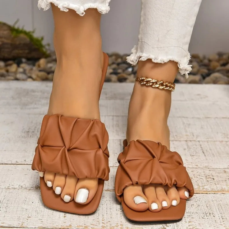 Summer Slippers Women Flip Flops Flats 2024 Pleated Korean Sandals