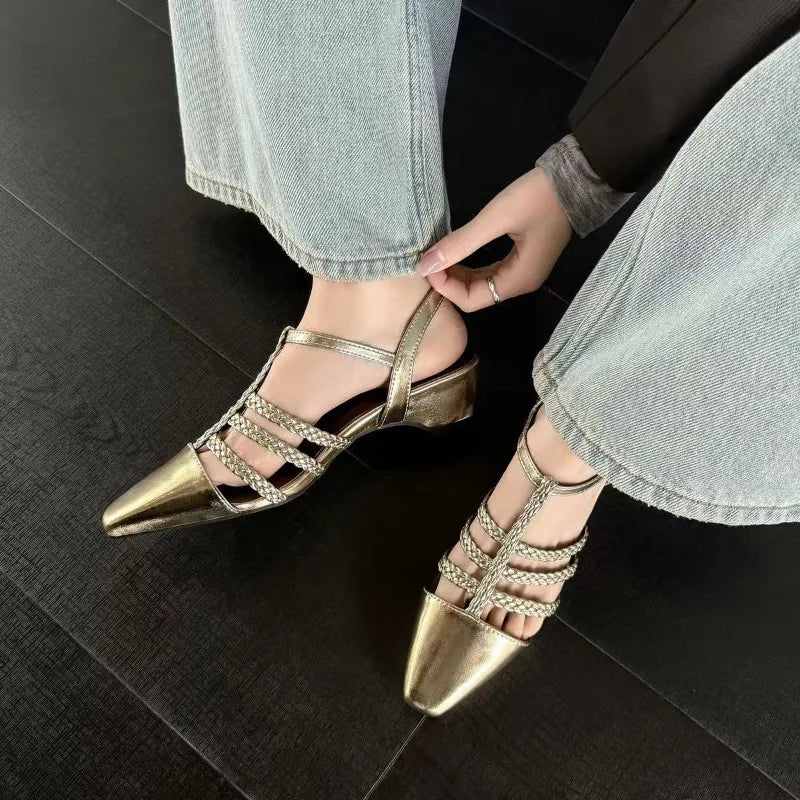 Women's Summer Square Toe Closed Hollow Out Comfortable Sandals Women Zpaxo Gold 36