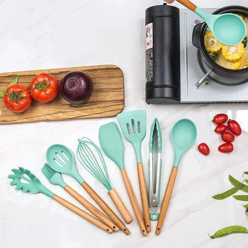 12-Piece Silicone Kitchen Utensils Set with Wooden Handles Cooking Utensil Set Zpaxo