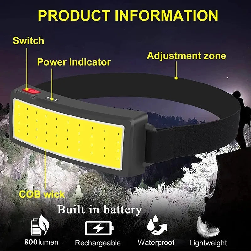 COB LED Night Fishing Headlamp USB C Fast Charging Waterproof Rechargeable Head Light Outdoor Camping Hunting Fishing Head Torch Zpaxo