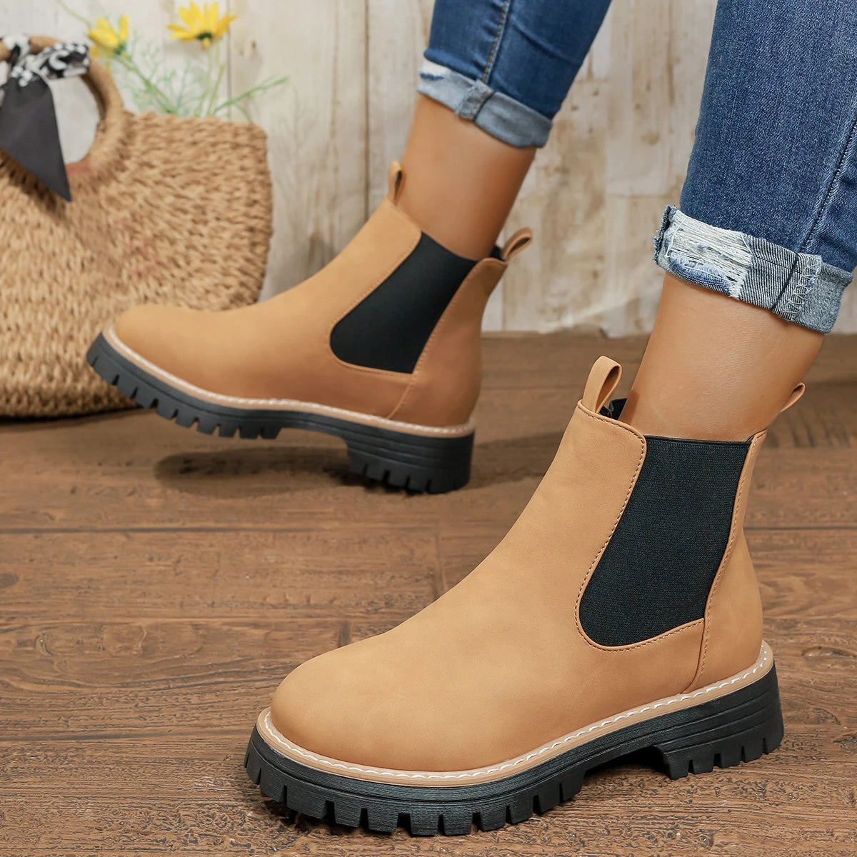 Women Ankle Boots 2025 New Slip on Platform Shoes Woman Thick Bottom Comfortable Shoes British Style Leather Chelsea Boots Women Zpaxo Brown 38