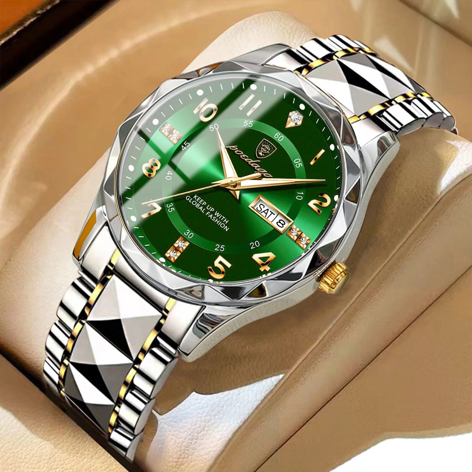 POEDAGAR Top Business Men Quartz Watch Waterproof Date Week Luminous Wristwatch Stainless Steel Fashion Men's Watches Man Clock Zpaxo 858 Gold Green