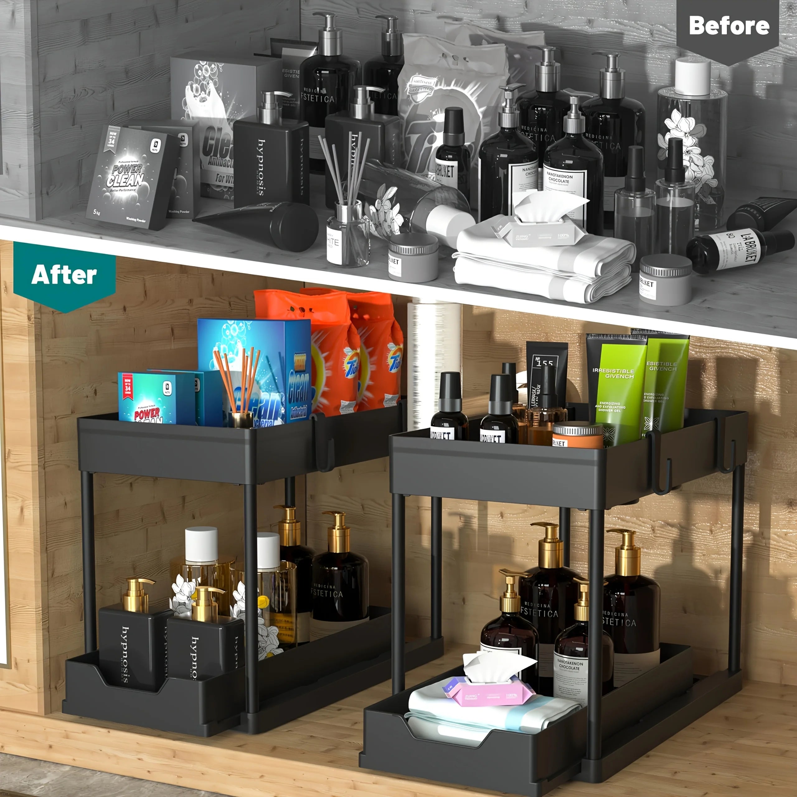 2 Tier Under Sink Sliding Cabinet Basket Organizer Storage Rack with Hooks Hanging Cup Bathroom Multifunctional Storage Rack Zpaxo