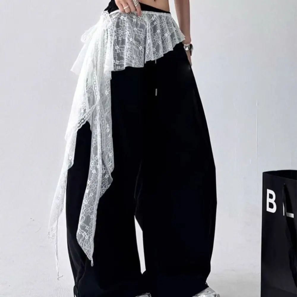 Embroidered Flower Lace Mini Skirt Irregular See Through Lace Up Ruffles Skirt Y2K Streetwear High Waist Butt Curtain Zpaxo