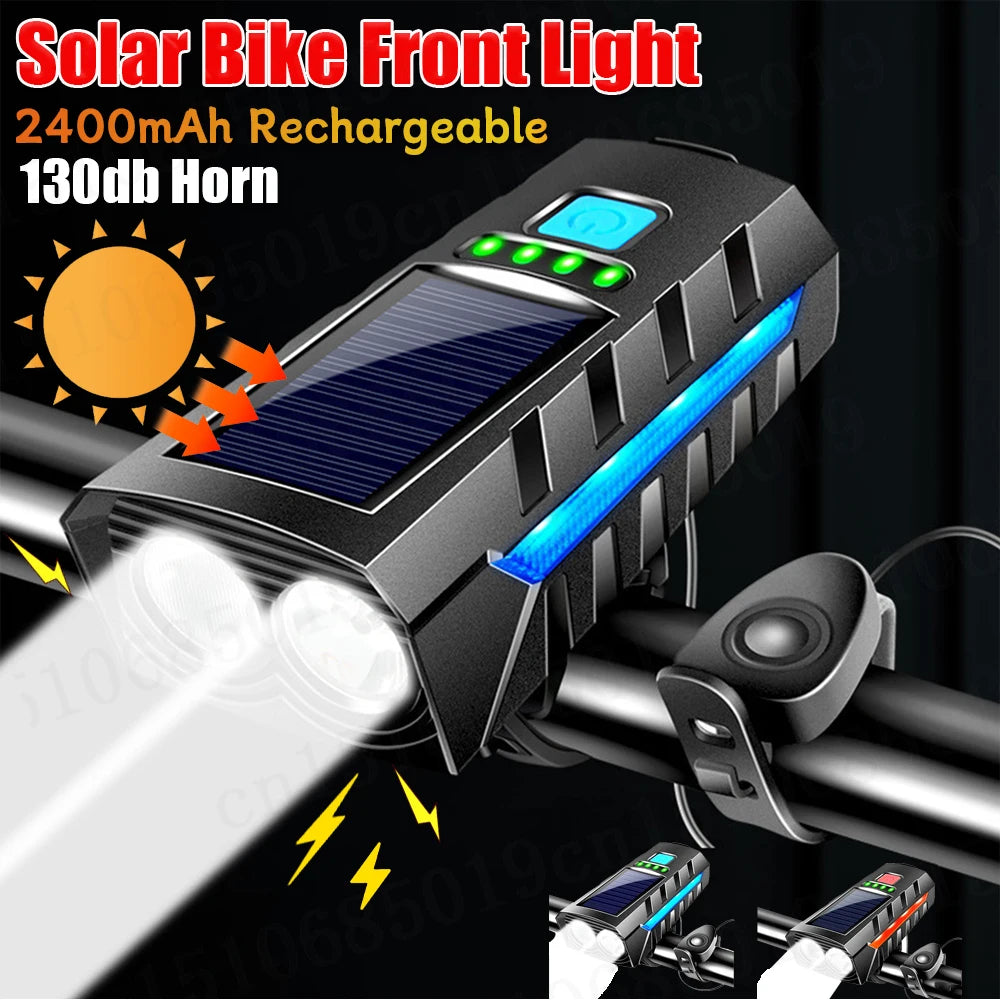 Solar Bike Headlight with 130db Horn MTB Road Bike Front Lamp USB Rechargeable High Beam Bicycle Flashlight Bicycle Accessories Zpaxo