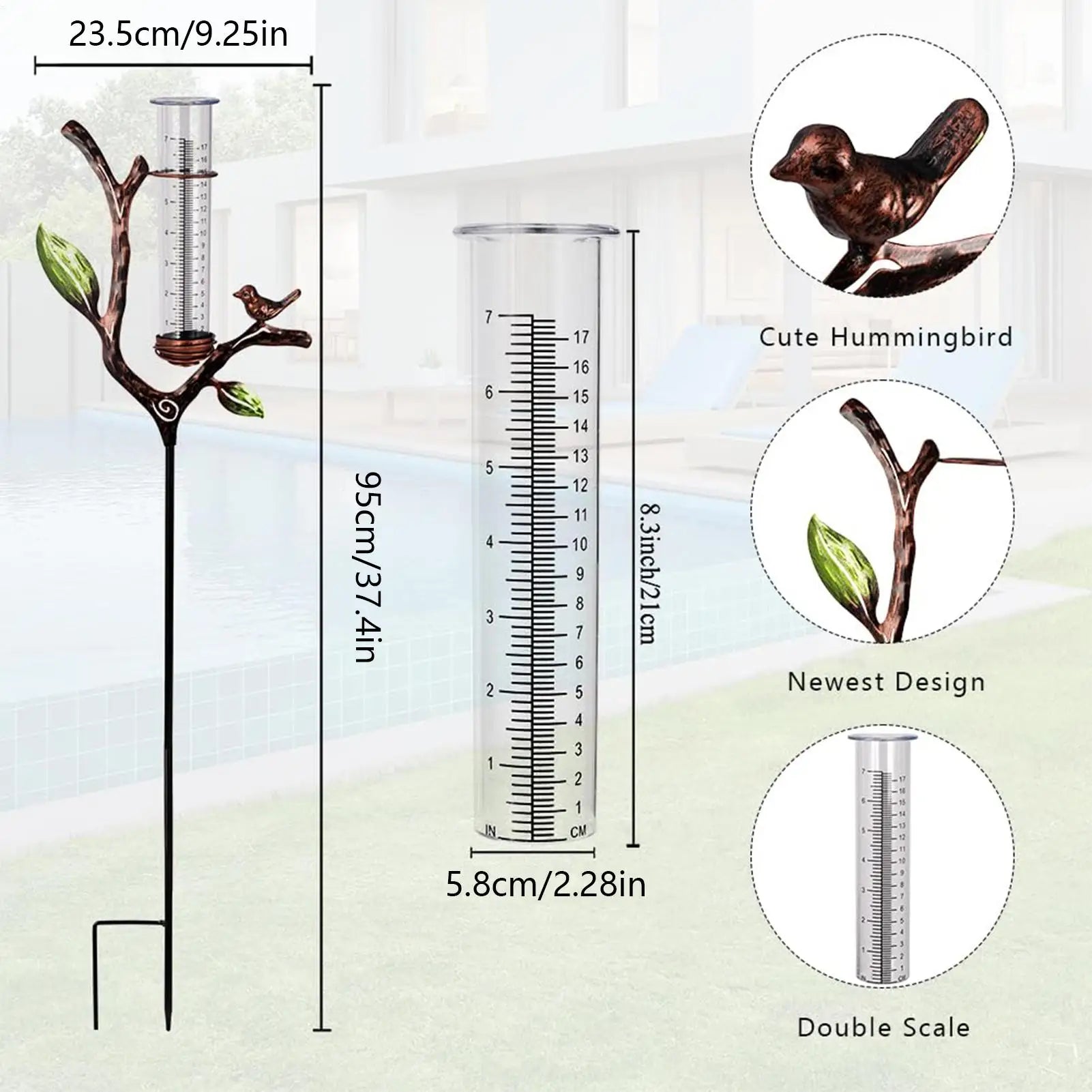 Rain Gauge Branch Design Decorative Measure Meter Outdoor Rain Gauge with Stake for Deck Lawn Fence Patio Garden Home Outside Zpaxo