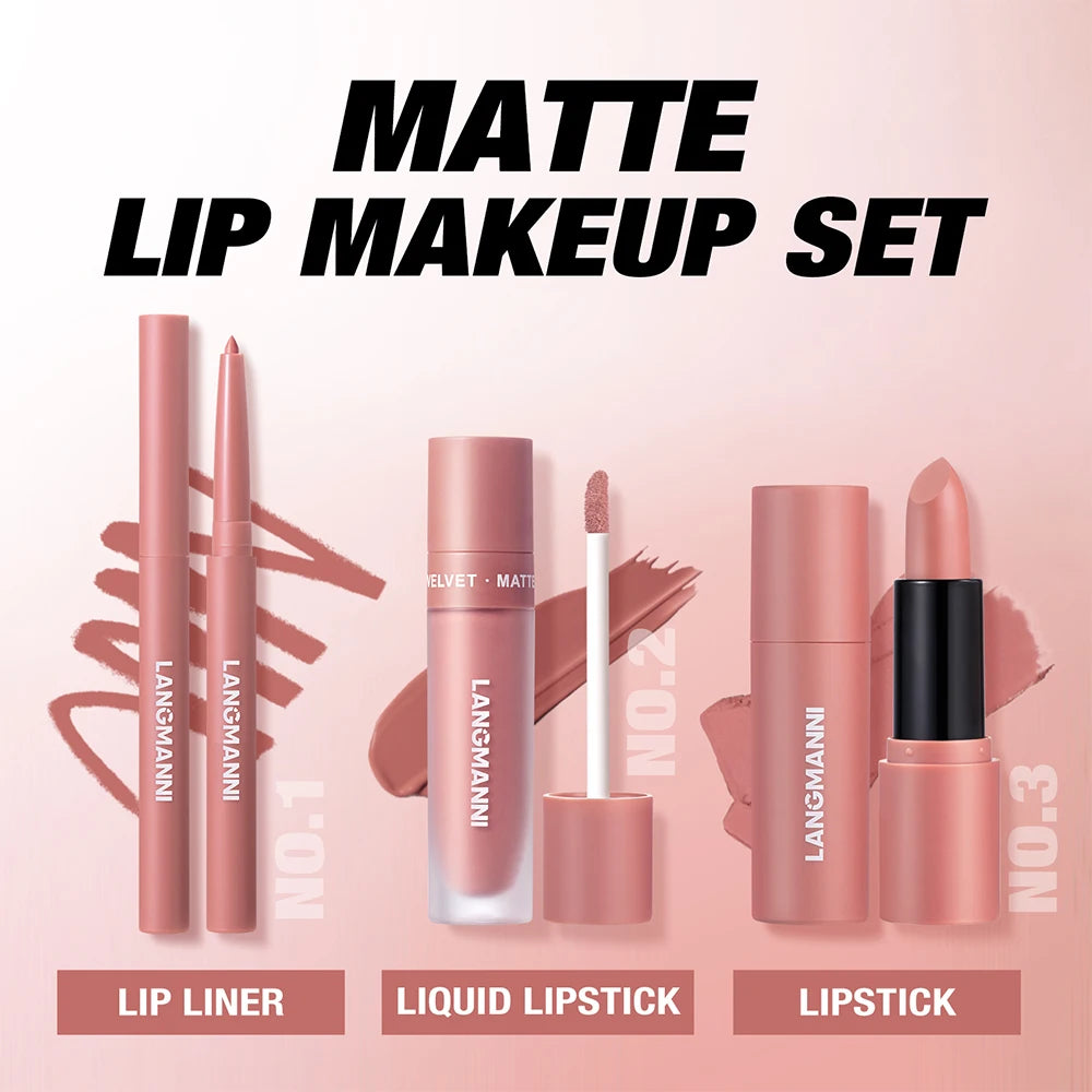 3-Piece Lip Gloss Liner Lipstick Waterproof Durable Matte Makeup Zpaxo