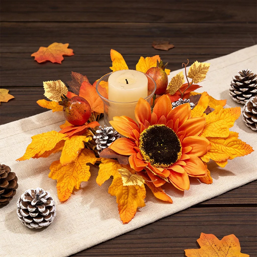 Fall Sunflower Wreath Candle Holder – Autumn Thanksgiving Decor