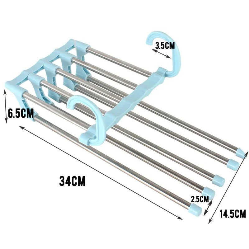 5 in1 Save Space Pants Hanger Collapsible Towel Tie Hook Multi-functional Clothes Trouser Rack Wardrobe Closet Organizer Storage Zpaxo blue