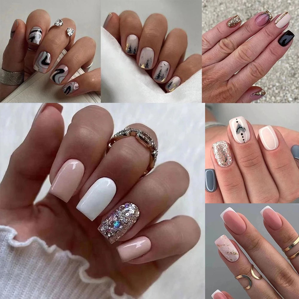 Short Ballerina French False Nails Abstract Leaf Graffiti Full Cover Zpaxo