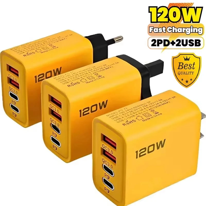 Total 120W Phone Charger Fast Charging Quick Charger PD USB Type C Wall Adapter For iPhone 16 15 Xiaomi 14 Huawei Redmi Oneplus Zpaxo Yellow EU