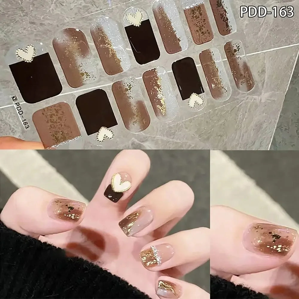 14Strips Gel Nail Stickers Full Cover Floristic Art Semi Cured Polish