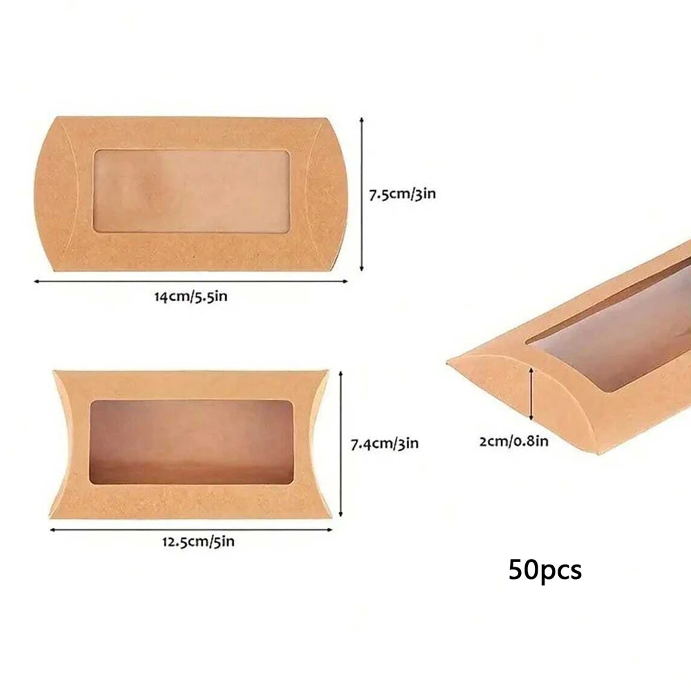 50Pcs Kraft Paper Pillow Box with Clear Window Party Favors Mini Pillow Packaging Box for Candy Chocolate Gift Jewelry Wedding Zpaxo