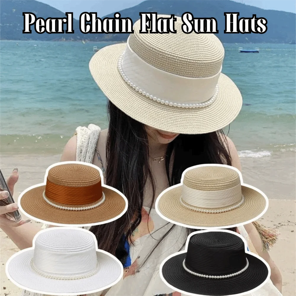 French Hepburn Style Straw Hat Straw Weaving UV Protection Pearl Chain Hat Solid Color Breathable Wide Brim Hat Travel Accessory Zpaxo