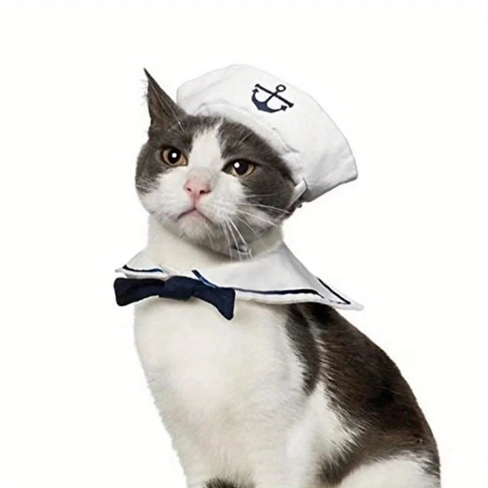 Funny Pet Sailor Costume Cats Small Dogs Halloween Cat Hat Tie Collar